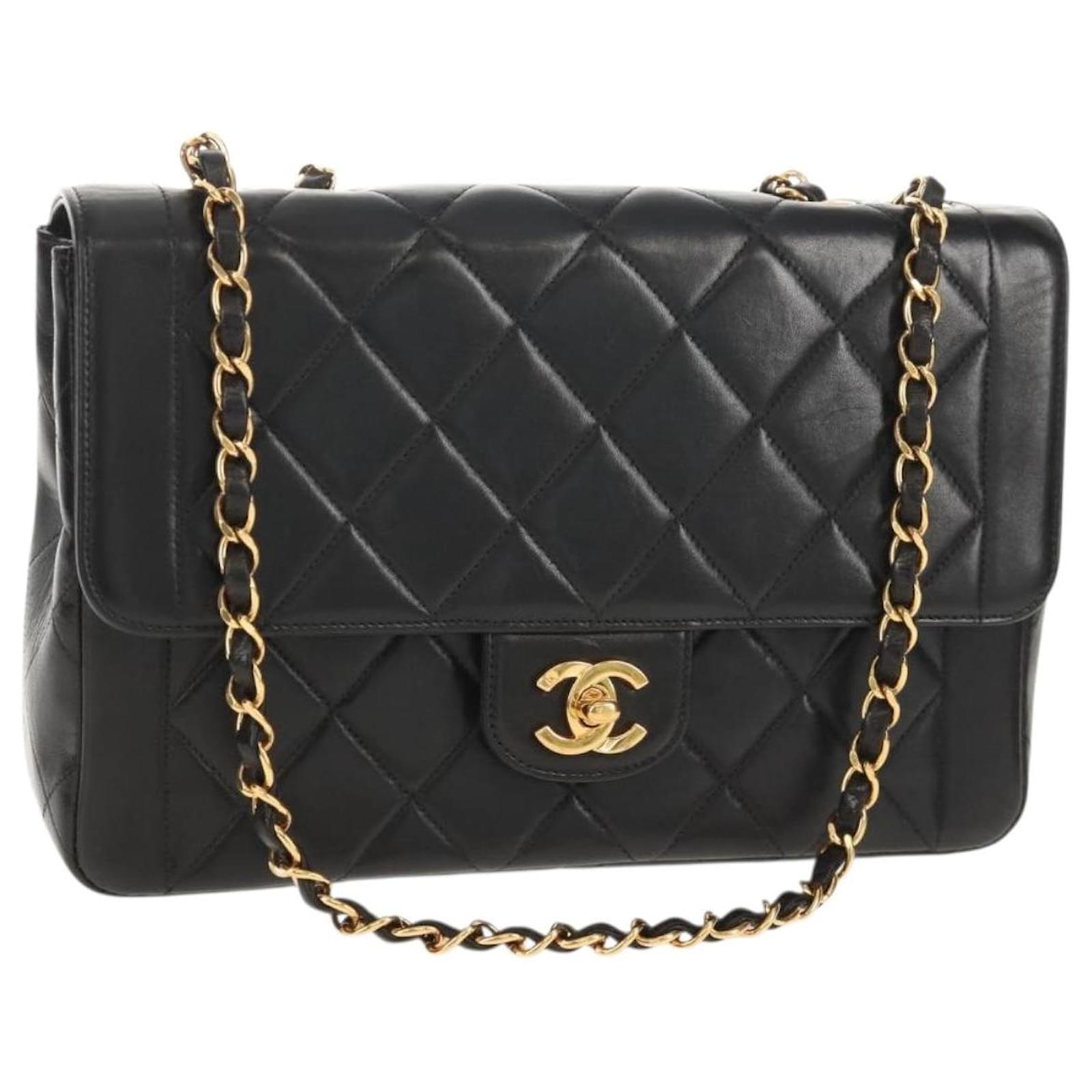 CHANEL Matelasse Chain Hand Bag Lamb Skin Black Gold CC Auth