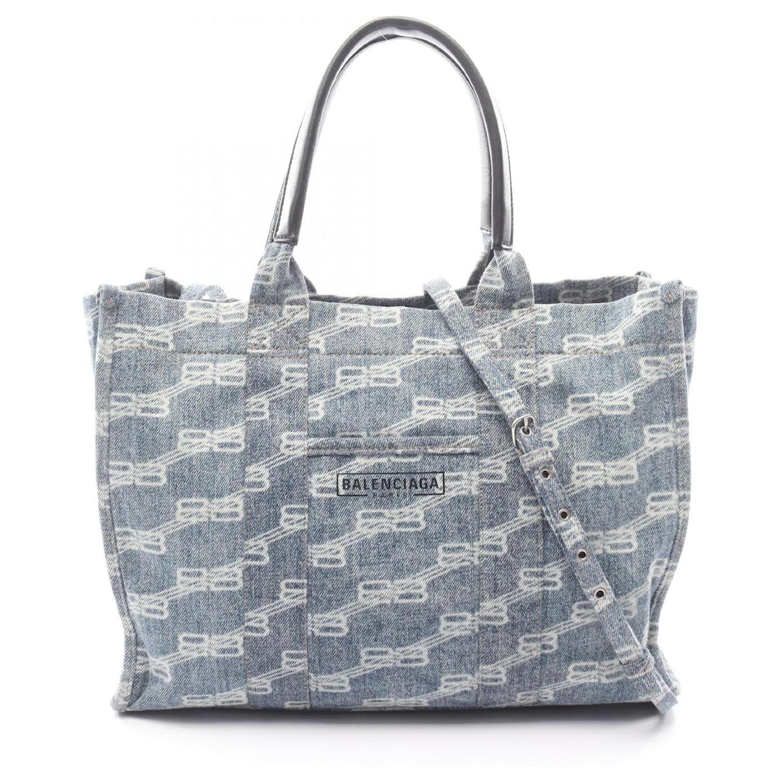 Balenciaga HARDWARE BB Monogram Tote Bag Black White Blue Leather
