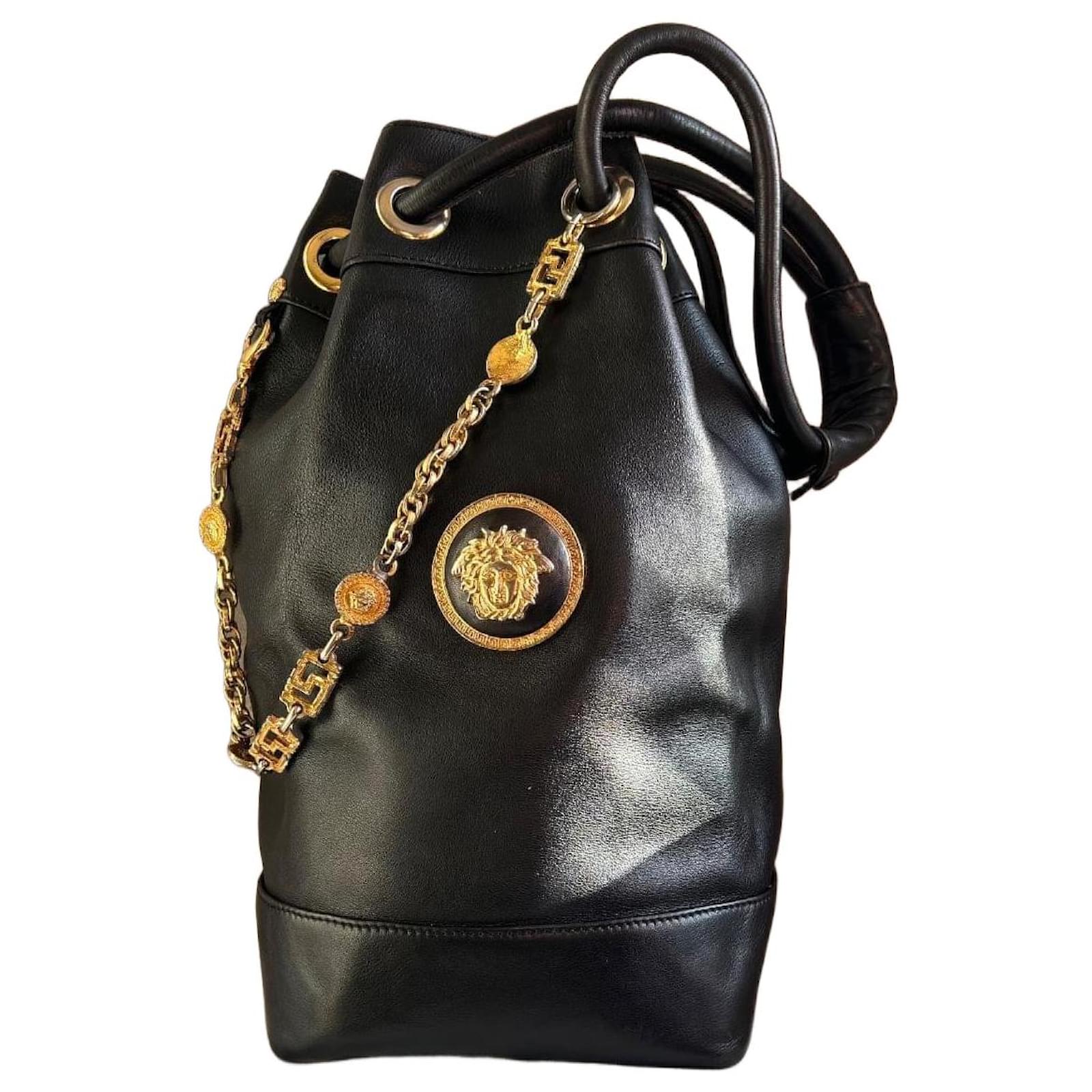 Vintage Gianni Versace Bucket Bag Black Gold hardware Leather