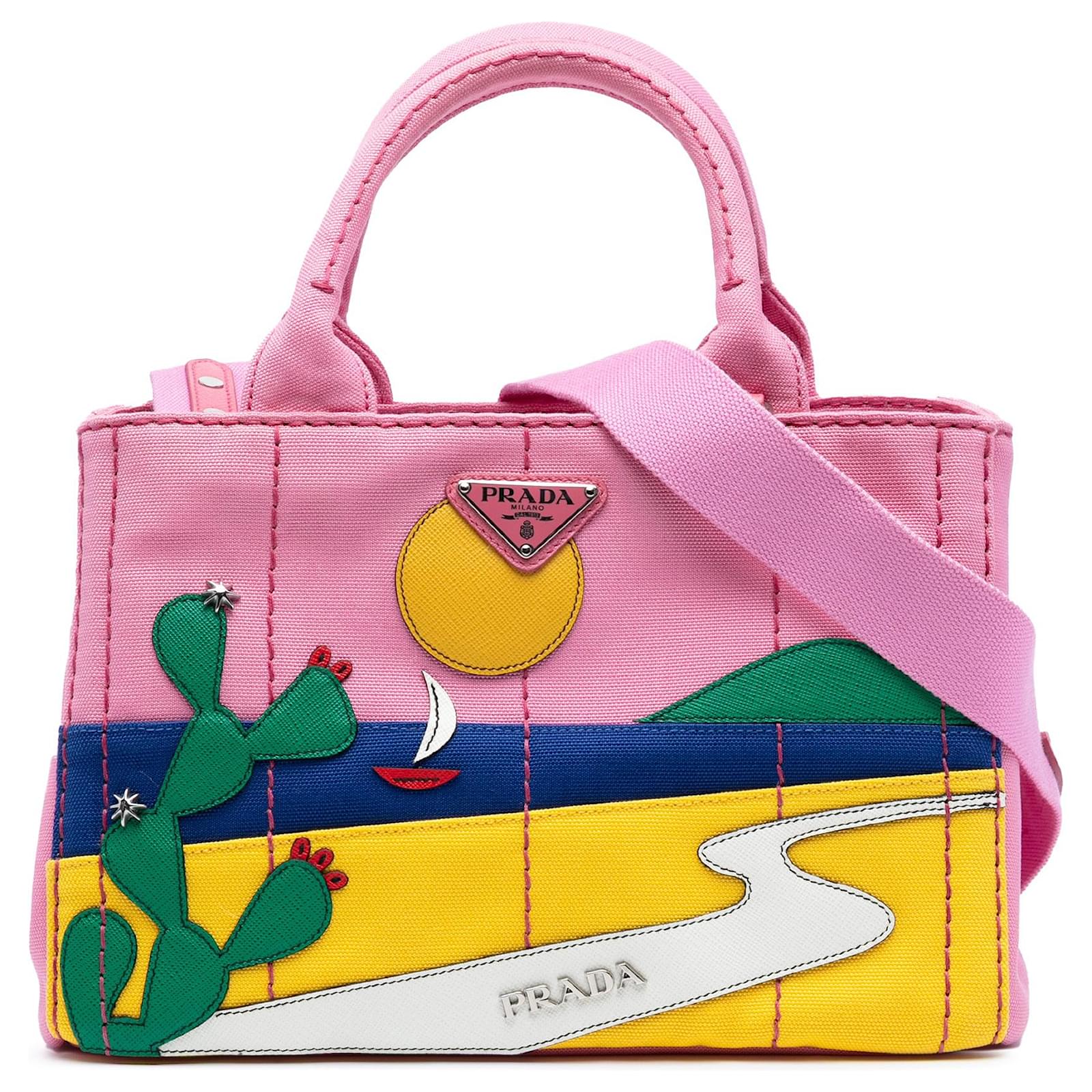 Prada Small Canvas Canapa Desert Motif Patch Satchel Pink Cloth