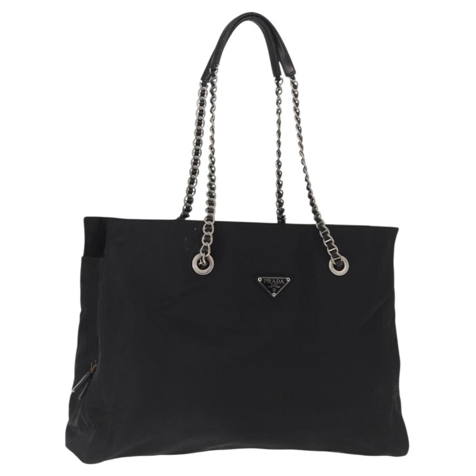 PRADA Chain Shoulder Bag Nylon Black Silver Auth gh1548 Silvery