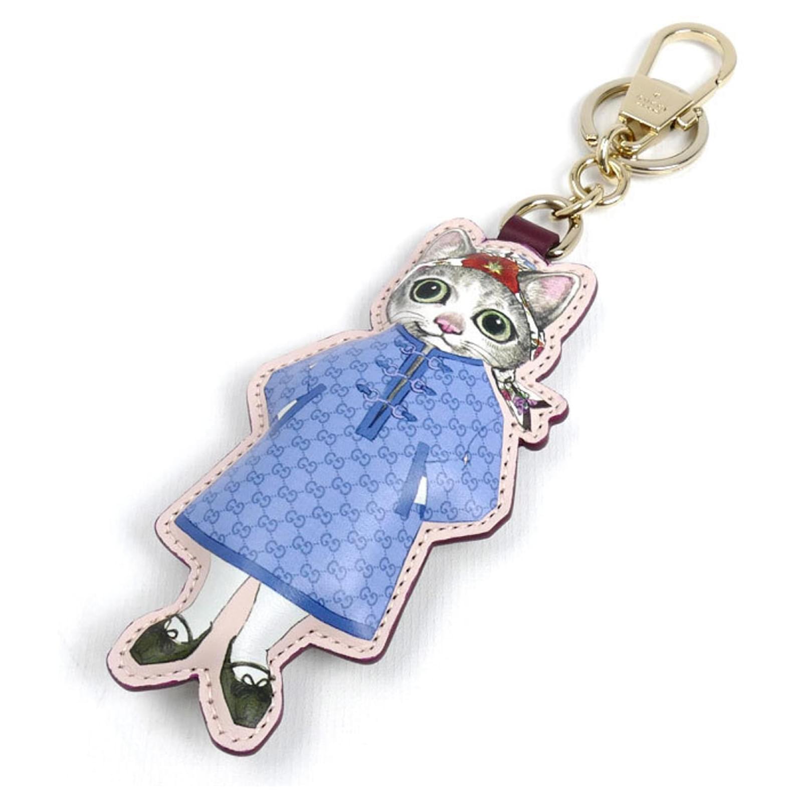 Gucci GG Supreme Canvas Cat Keyring Charm Blue Golden Cloth ref
