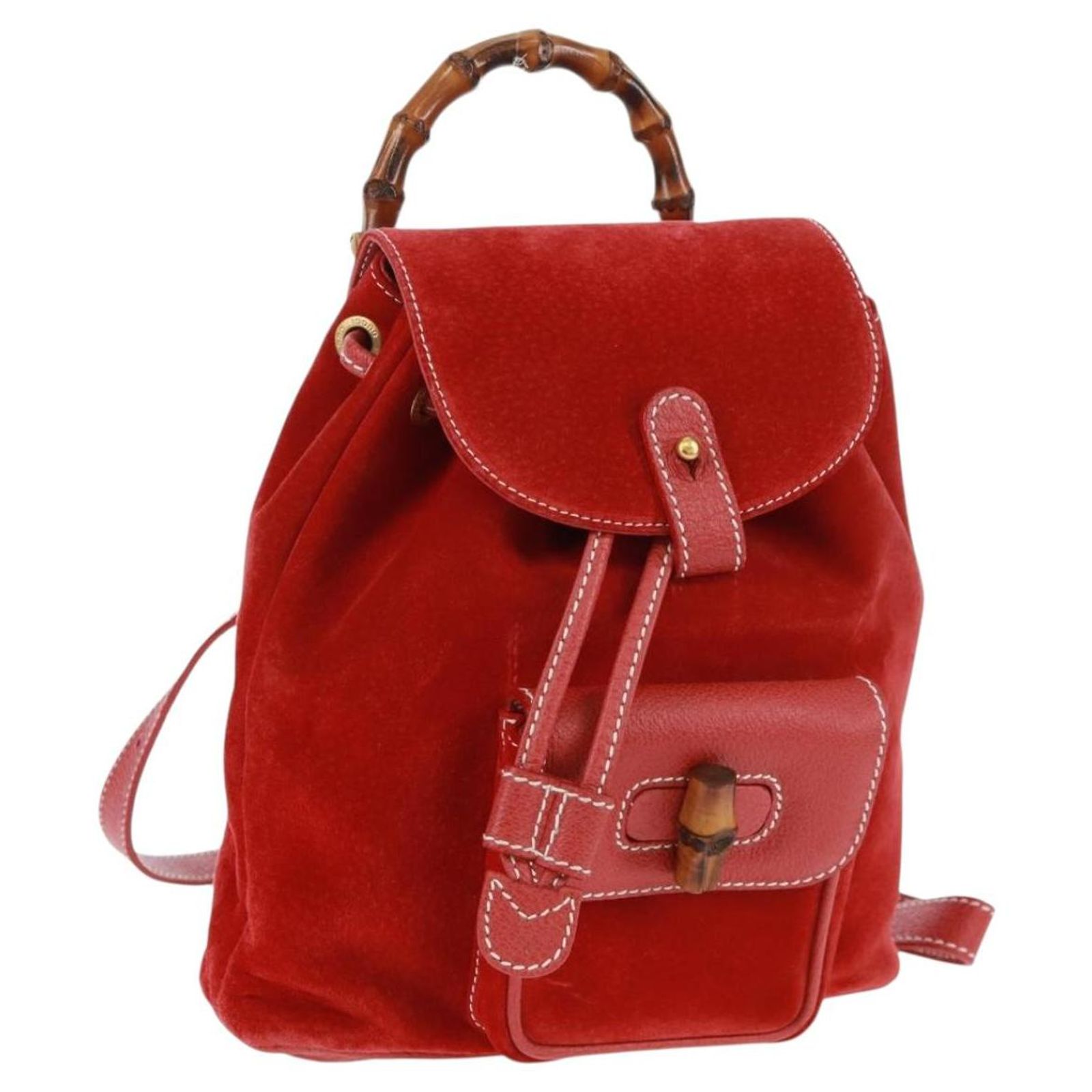 GUCCI Bamboo Backpack Suede Red Gold 003 1998 0030 Auth 