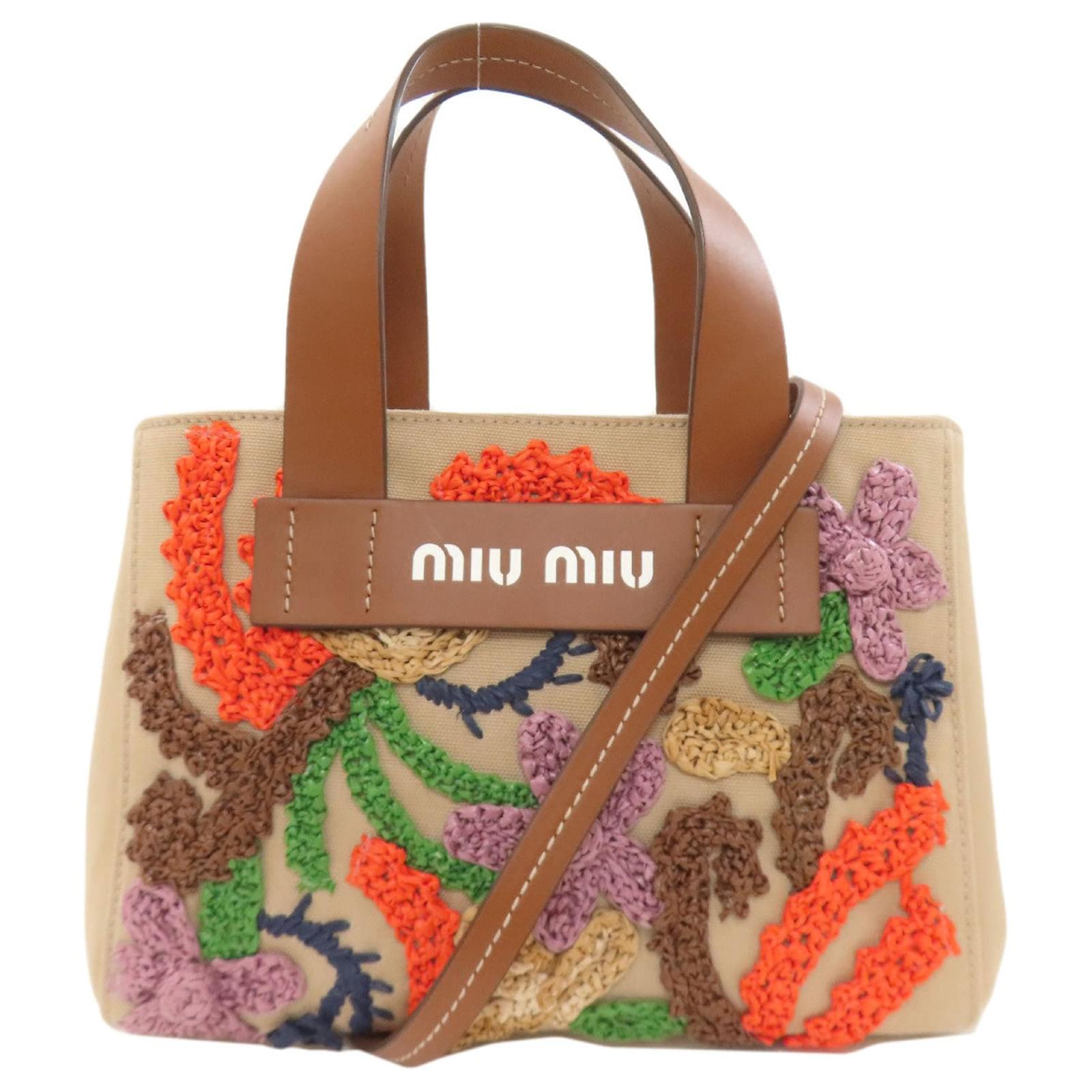 Miu Miu Flower Motif 2-Way Canvas Handbag Brown Cloth ref.2782850