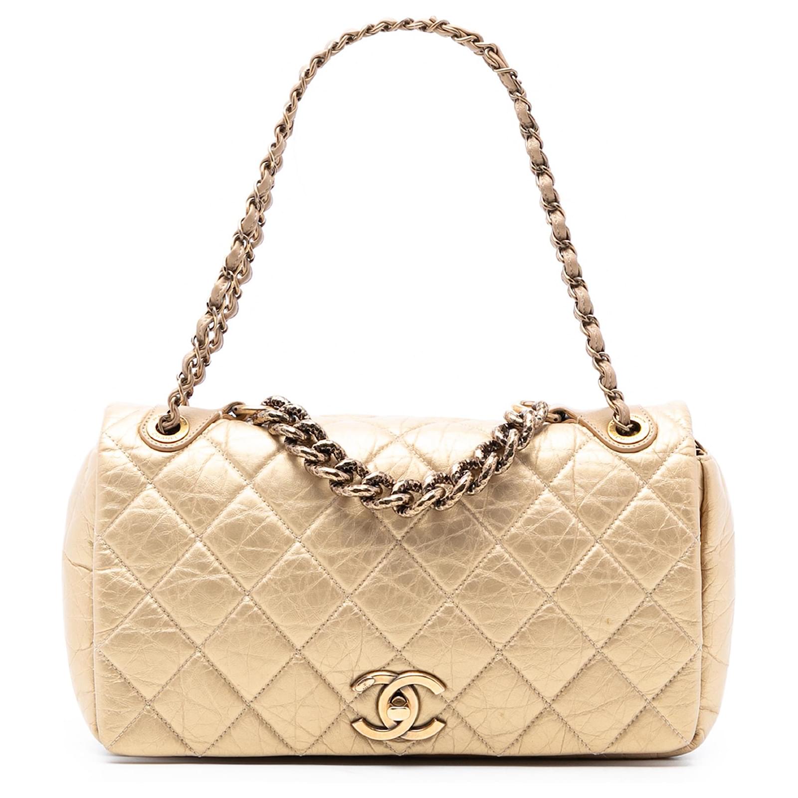 Chanel Gold Medium Quilted Aged Calfskin Pondichery Flap Golden
