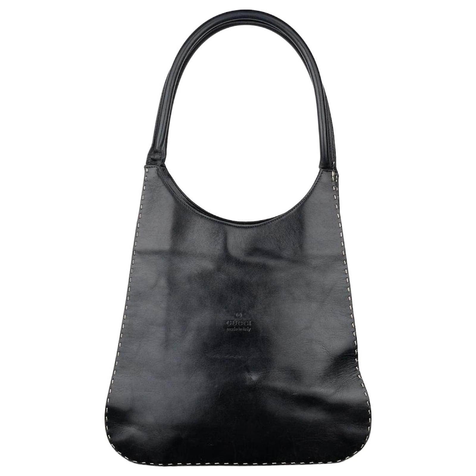 Gucci by Tom Ford 1990s Topstitch Leather Hobo Shoulder Bag Black