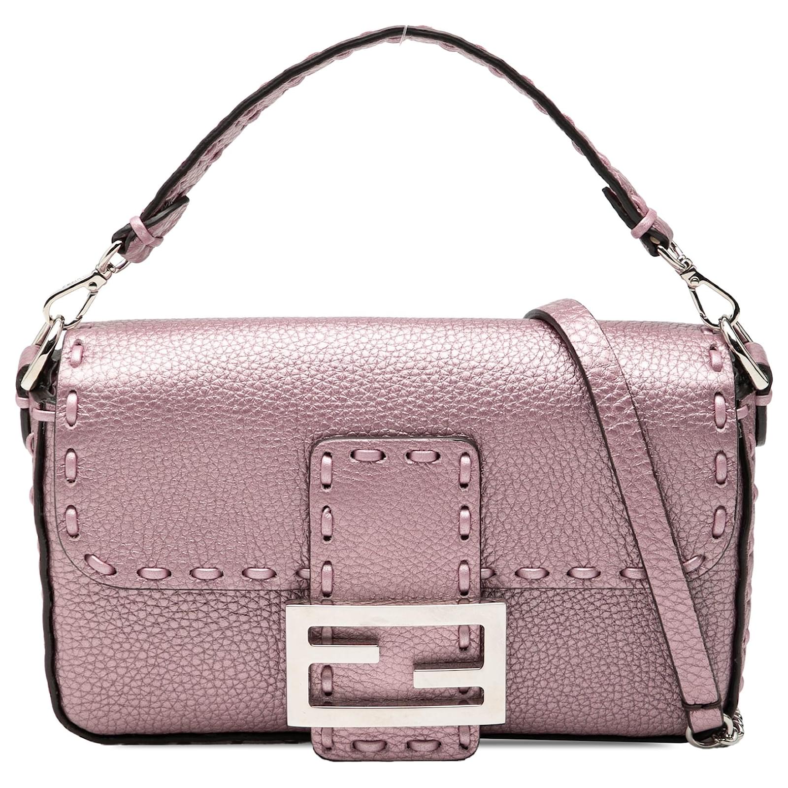 Fendi Pink Mini Metallic Leather Selleria Baguette Satchel Pony