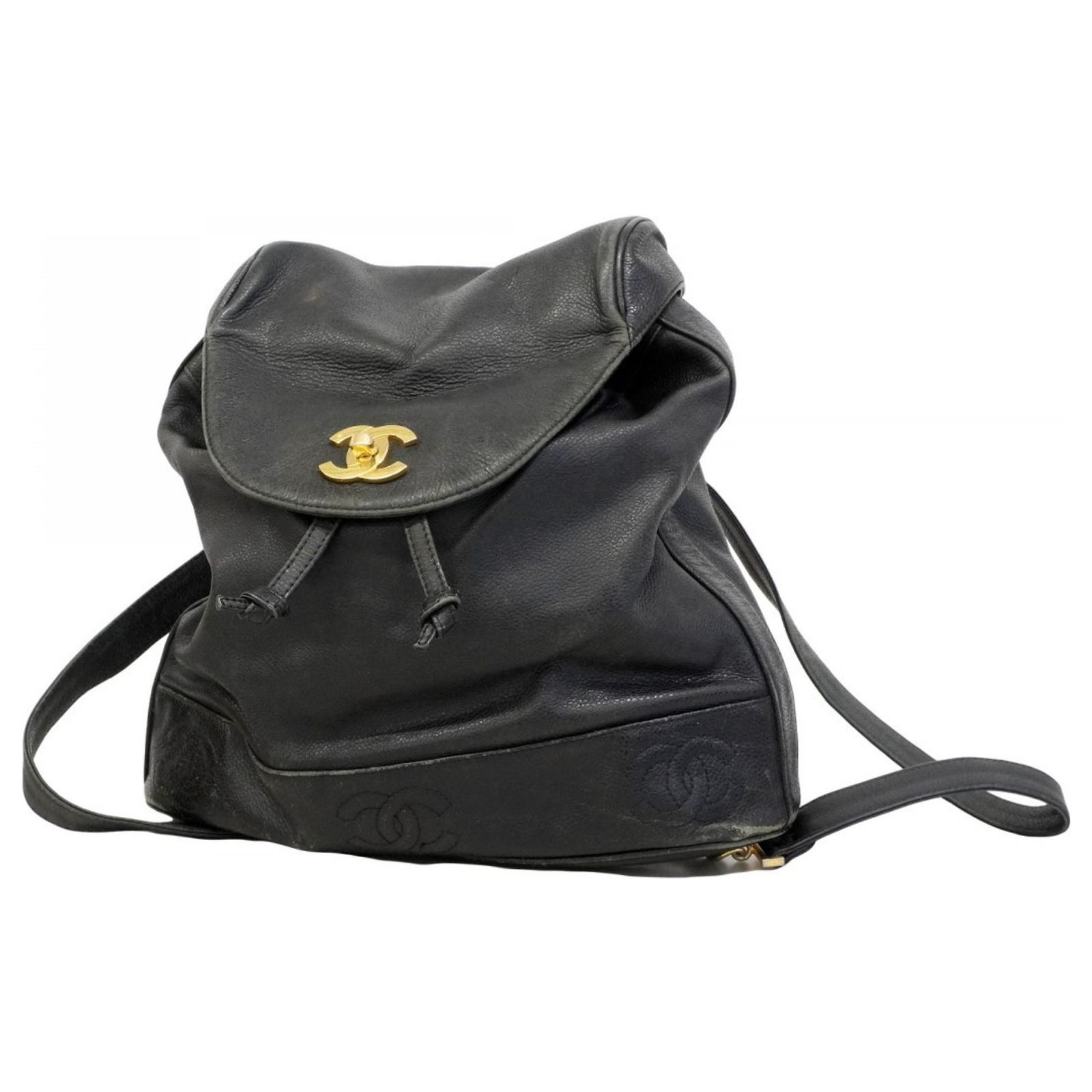CHANEL Triple Coco Mark Backpack, Chain Shoulder Bag, Caviar Leather, Black Explore a Chanel Vintage Black Caviar Leather Drawstring  main image 4