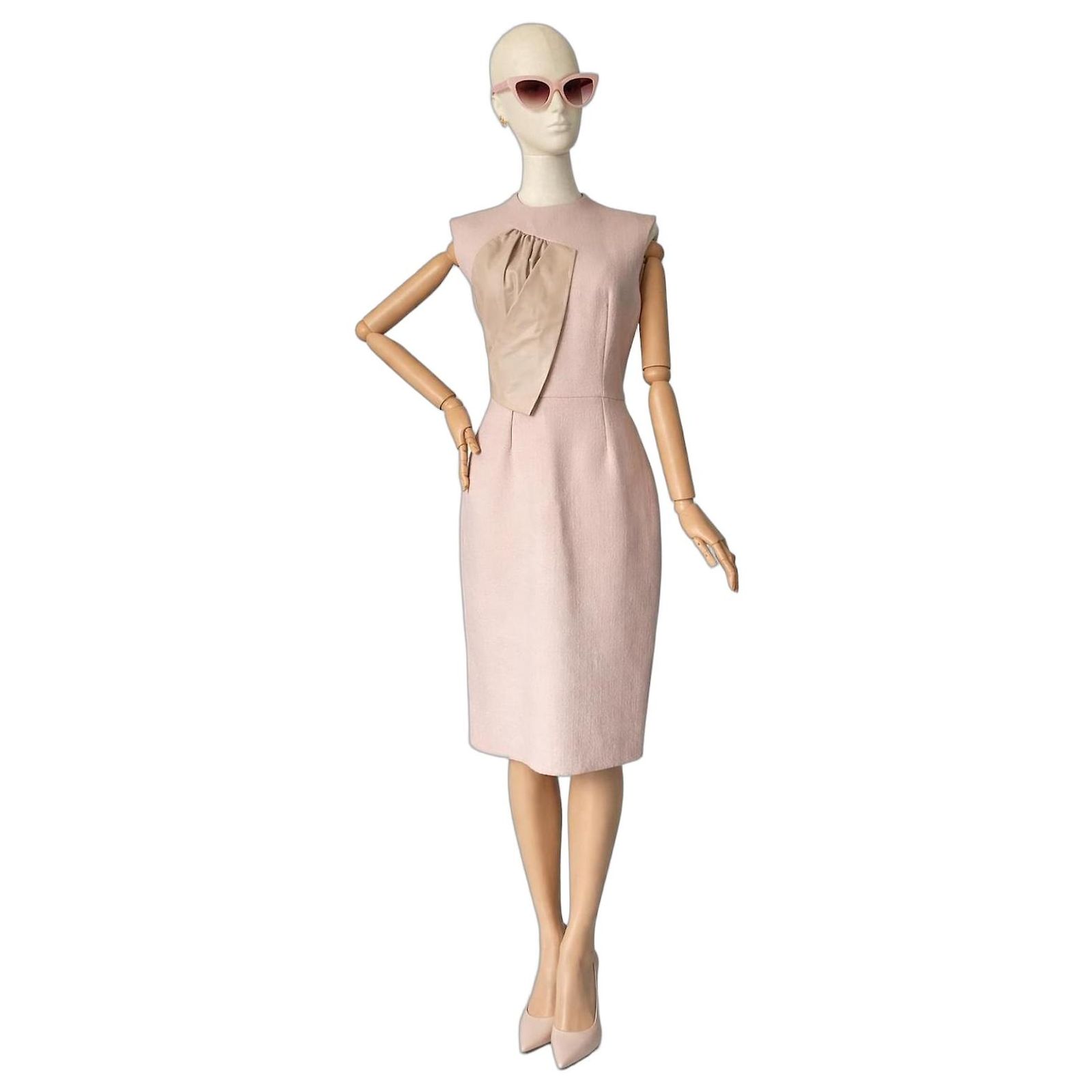 christian dior leather dress Pink Virgin Wool Sleeveless Sheath Silk Polyamide ref.2985216 embellishment:FEATHER