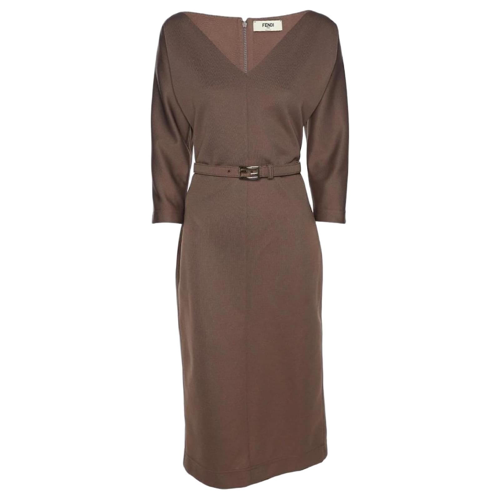 fendi jersey dress FENDI silk shirt dress with all-over logo Brown Fendi