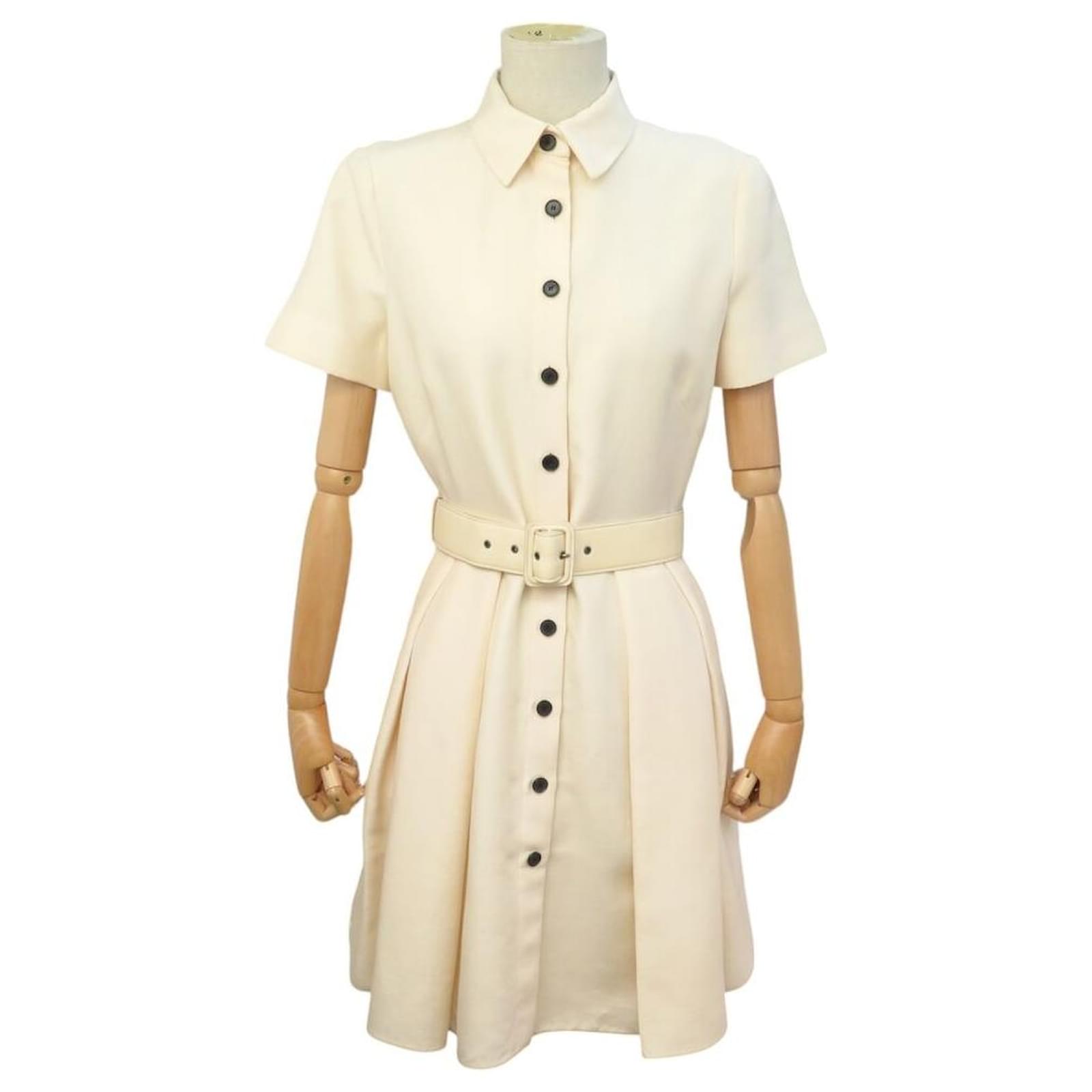 NEW CHRISTIAN DIOR DRESS WITH BELT 041R37A1163 M 40 WOOL & SILK DRESS Cream  Leather ref.3089389 - Joli Closet
