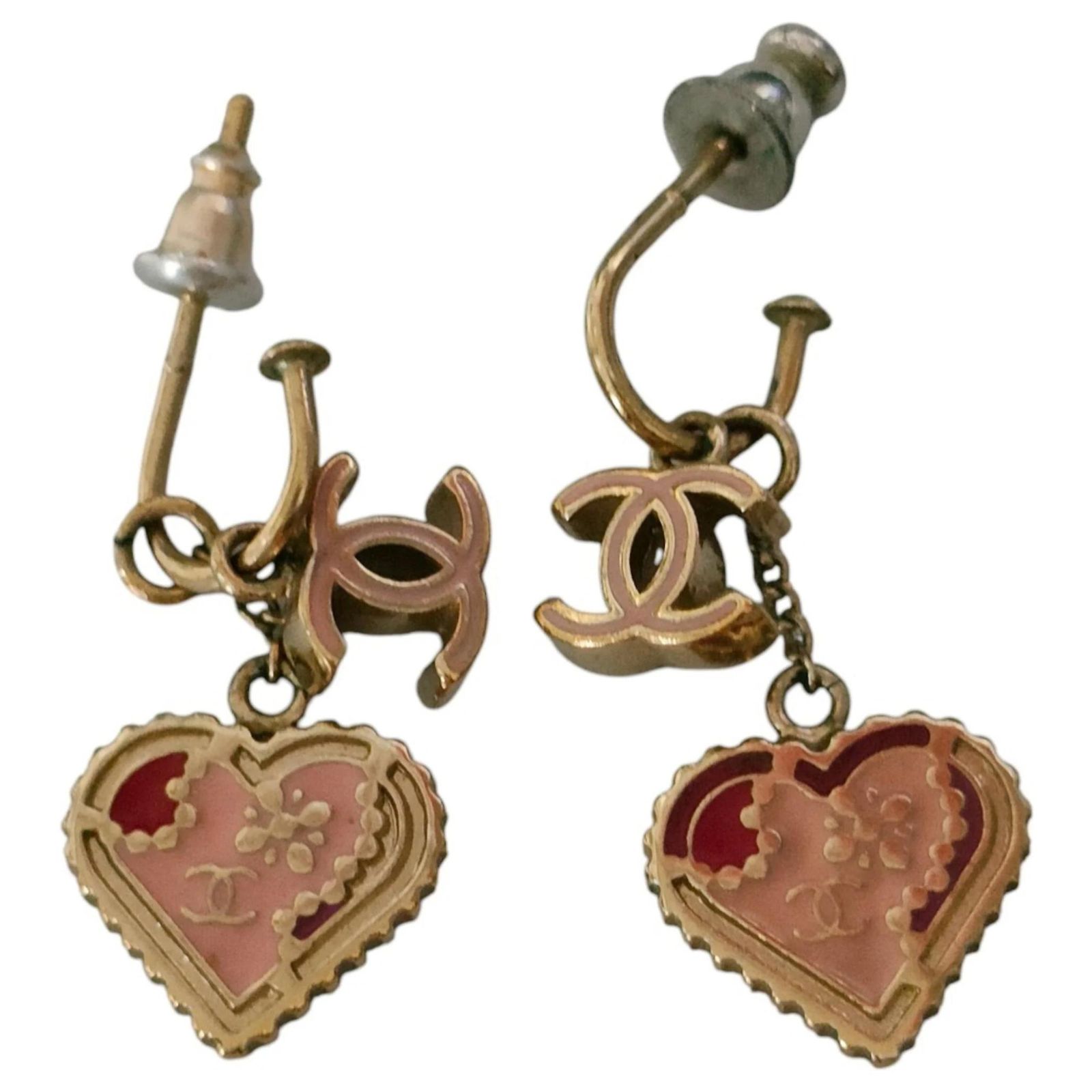 CHANEL 05P Coco Mark Heart Swing Hook Earrings Pink Red Golden 
