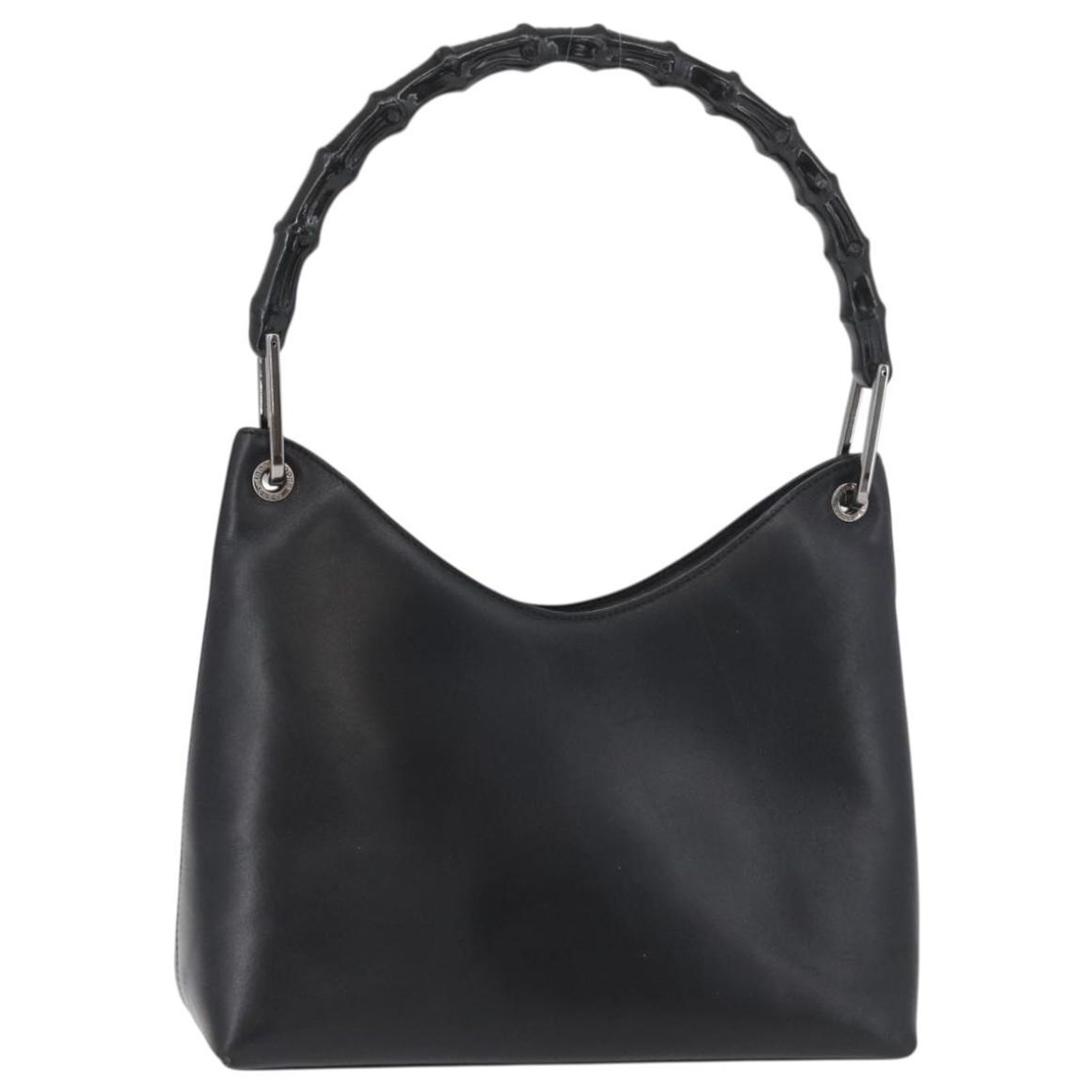 GUCCI Bamboo Shoulder Bag Leather Black Silver Auth 180226 Silvery 
