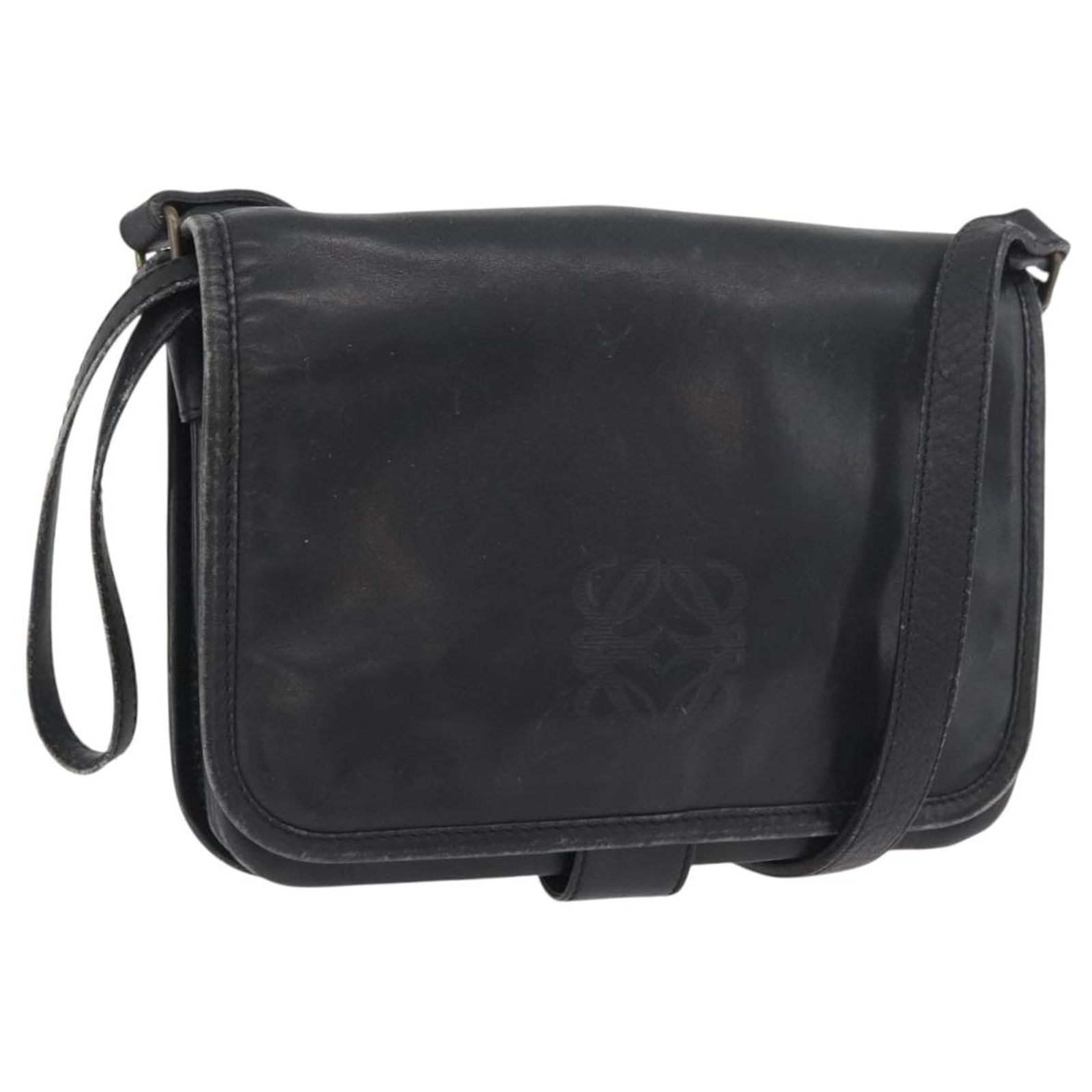LOEWE Anagram Shoulder Bag Leather Black Gold Auth 182440 Golden 