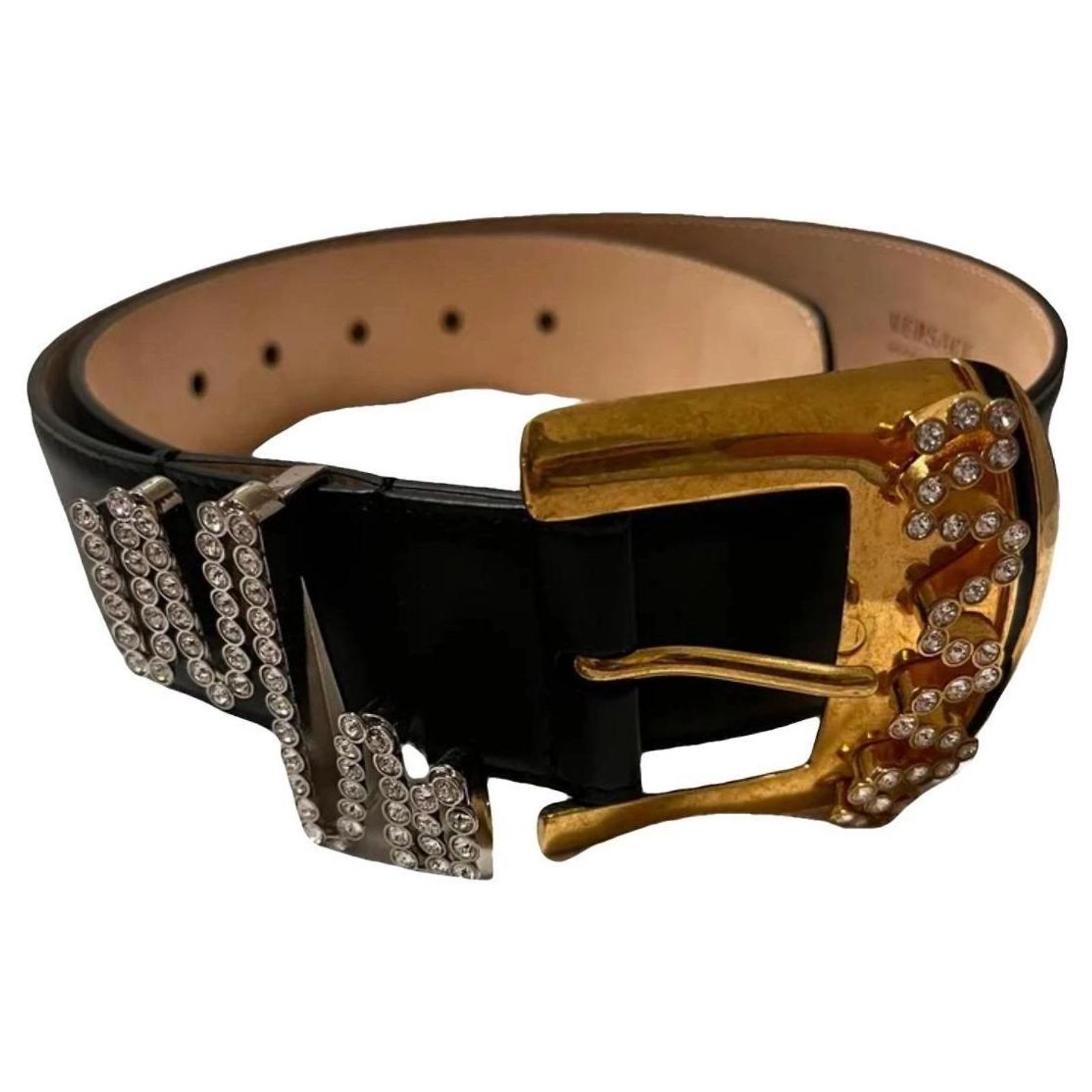 Versace Medusa Crystal Leather Belt, Black Versace Black Leather Belt with Rose Gold Crystal Logo Buckle main image 2
