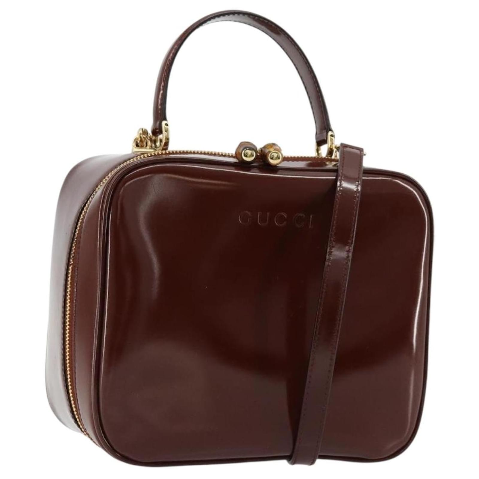 GUCCI Bamboo Vanity Hand Bag Patent leather 2way Brown Gold Auth
