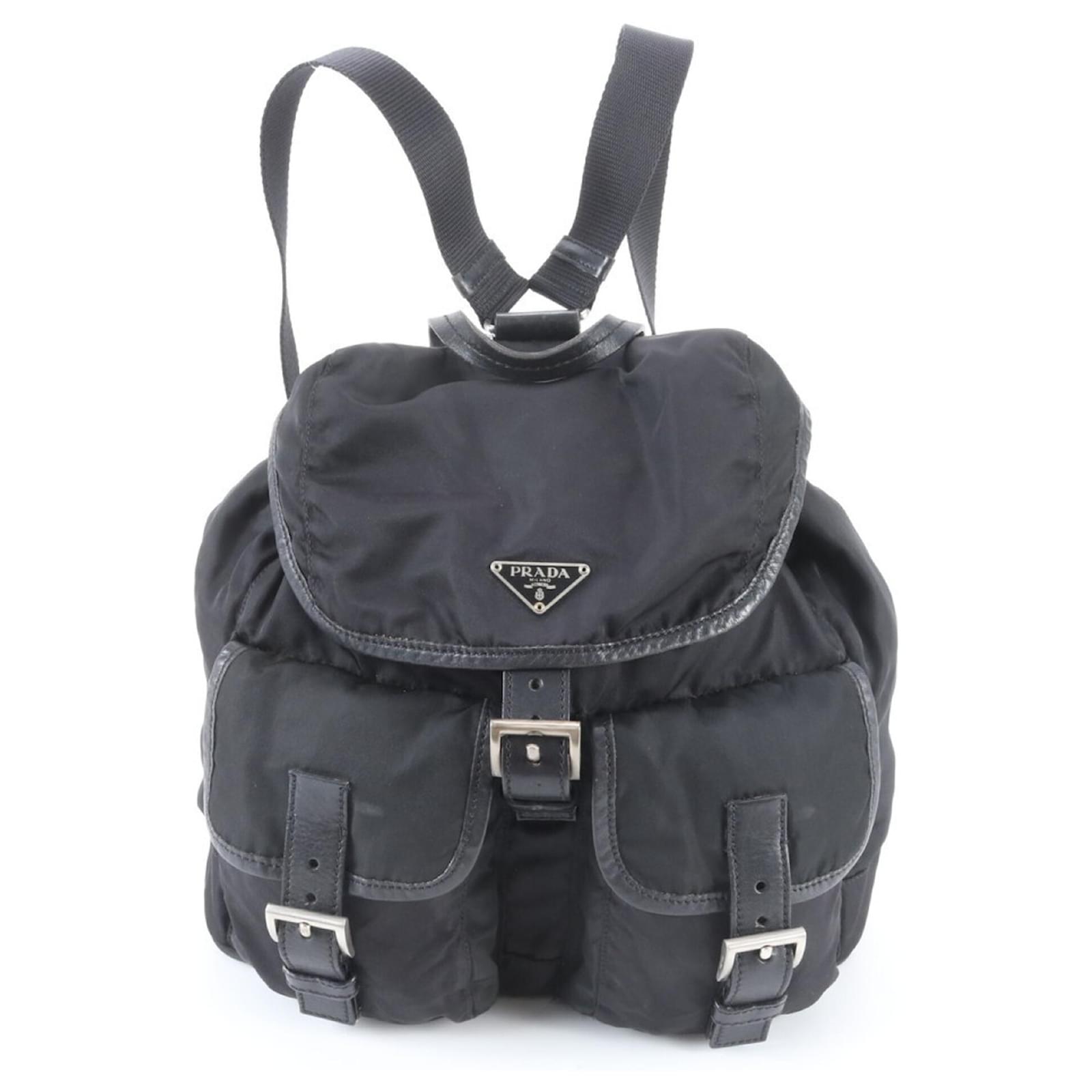 Prada Tessuto Nylon Triangle Logo Leather Backpack Handbag Black