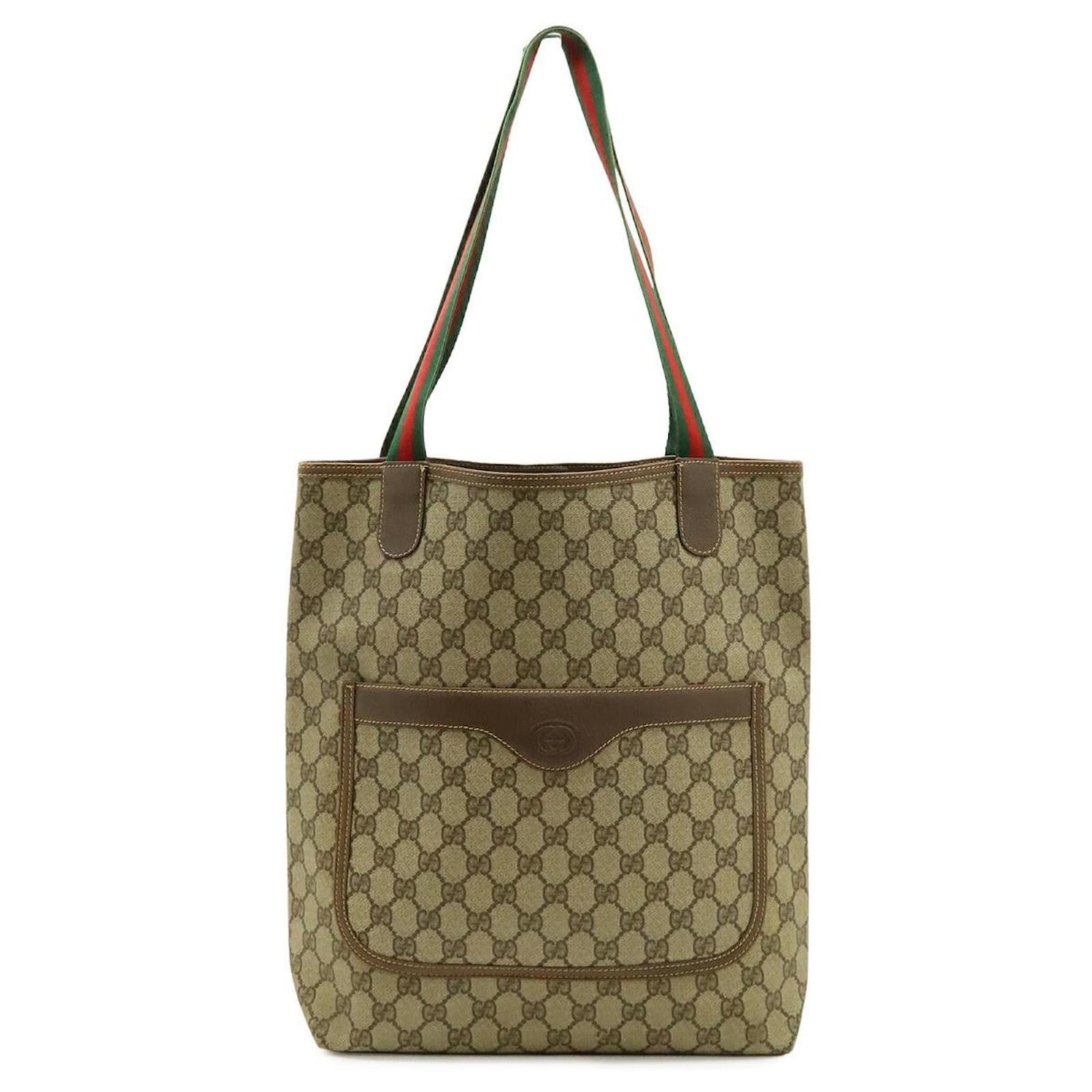 Gucci GG Plus Sherry Line Tote Bag PVC Leather Brown Beige Cloth