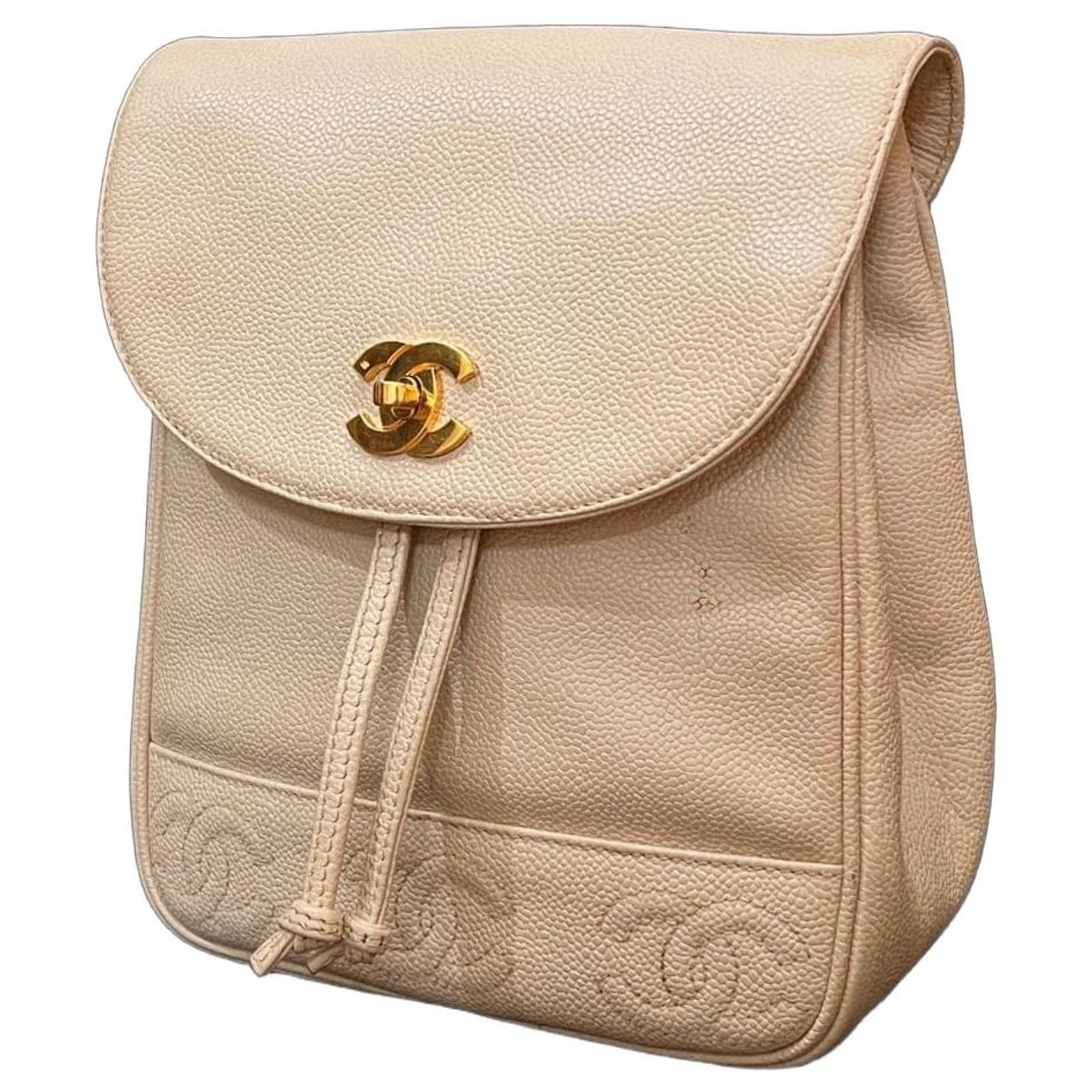 Chanel CC Drawstring Backpack in Beige Caviar Leather ref  display picture 3