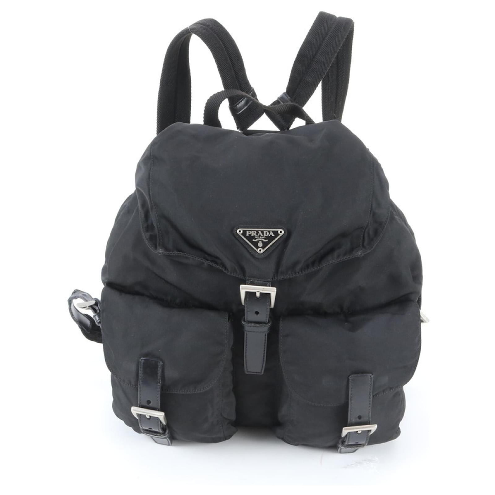 Prada Tessuto Nylon Triangle Logo Leather Backpack/Handbag Black
