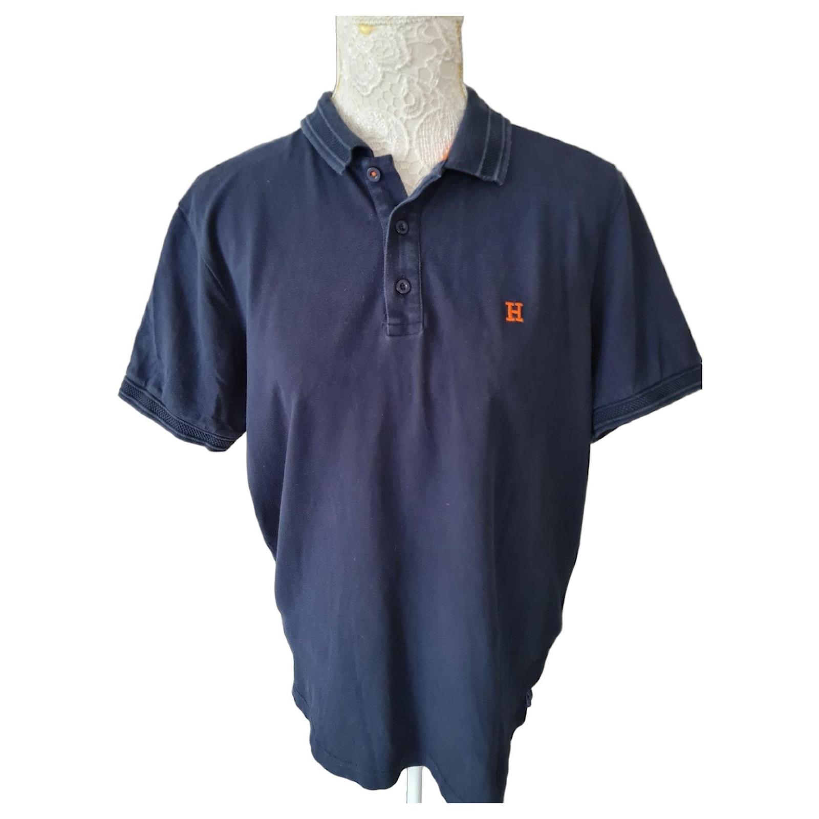 Hermès Navy blue cotton polo shirt with orange H logo Dark blue