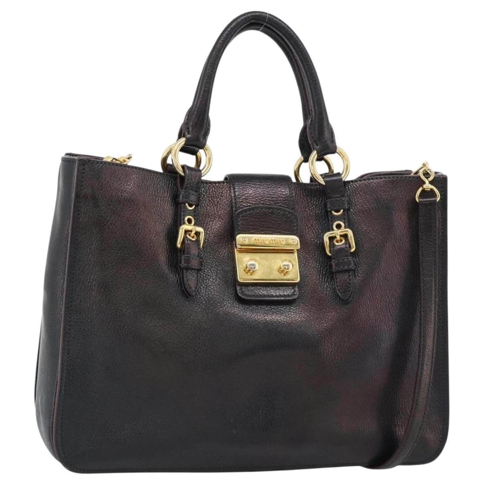 Miu Miu Madras Hand Bag Leather 2way Black Gold Auth 187556A