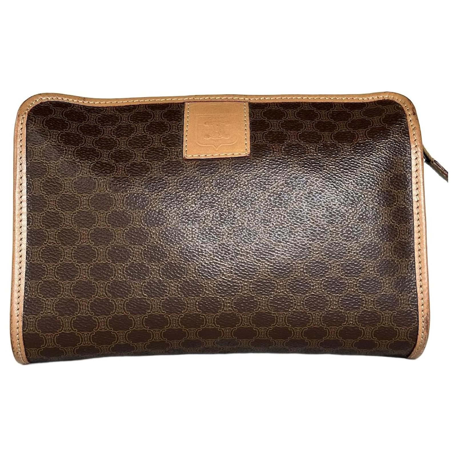 Céline Vintage Celine Macadam Canvas Clutch Bag Brown Tan Gold