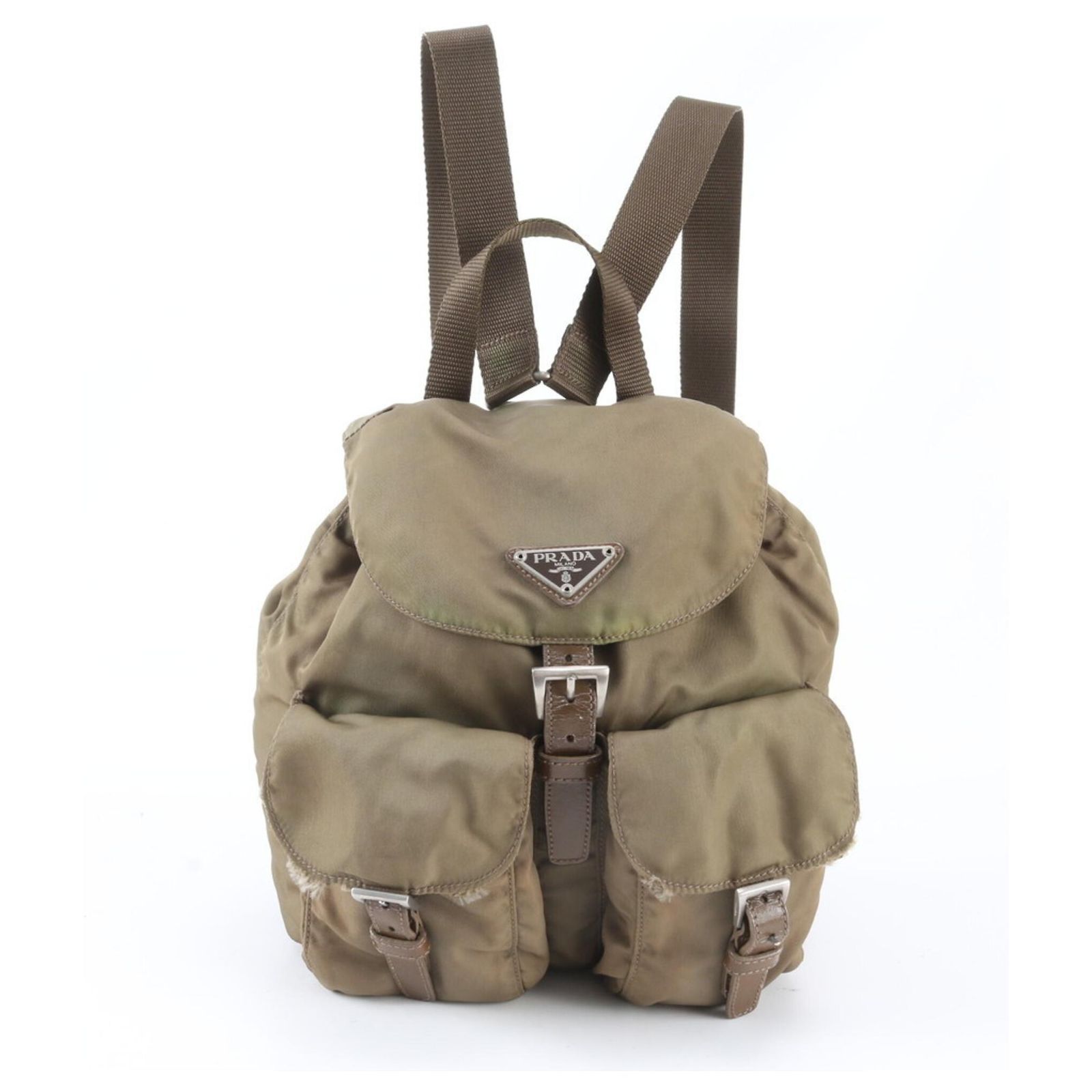 Prada Tessuto Nylon Triangle Logo Leather Backpack Brown PRADA Tessuto Triangle Logo Double Pocket Backpack Beige  main image 4