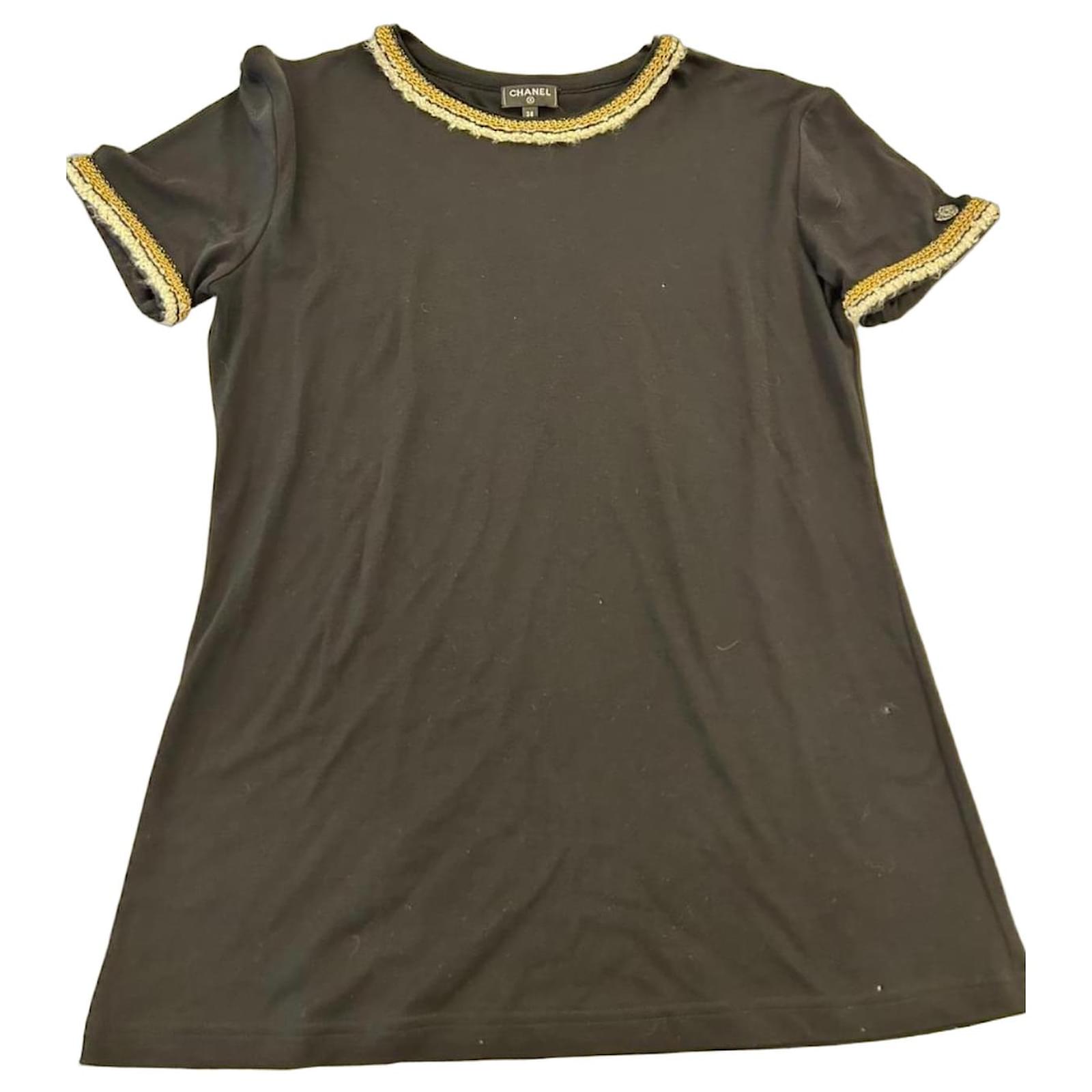 Chanel Black Cotton T-Shirt with Gold Braided Trim ref.3218964