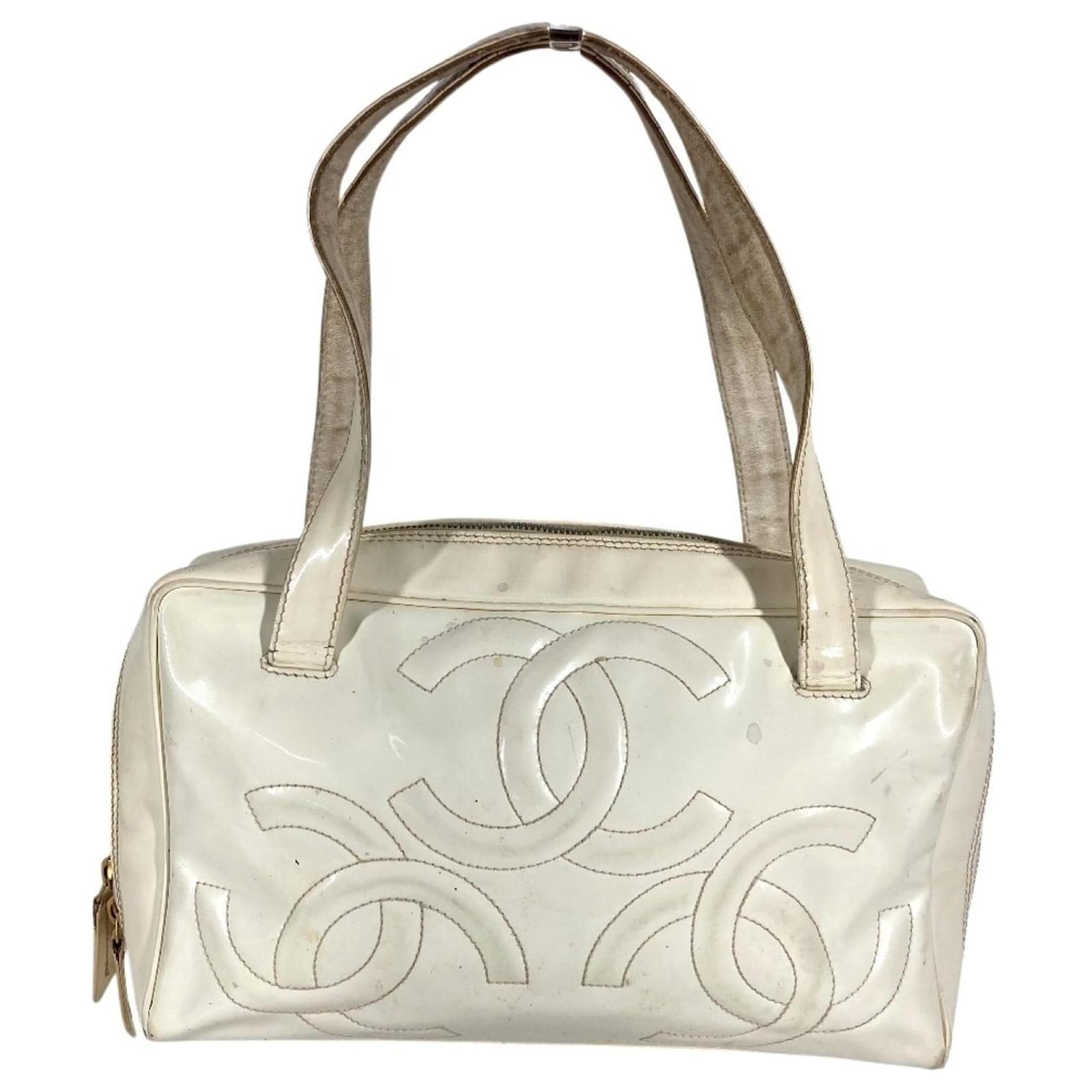 CHANEL Vintage Logo Triple Coco CC Mark Tote Bag White Leather ref