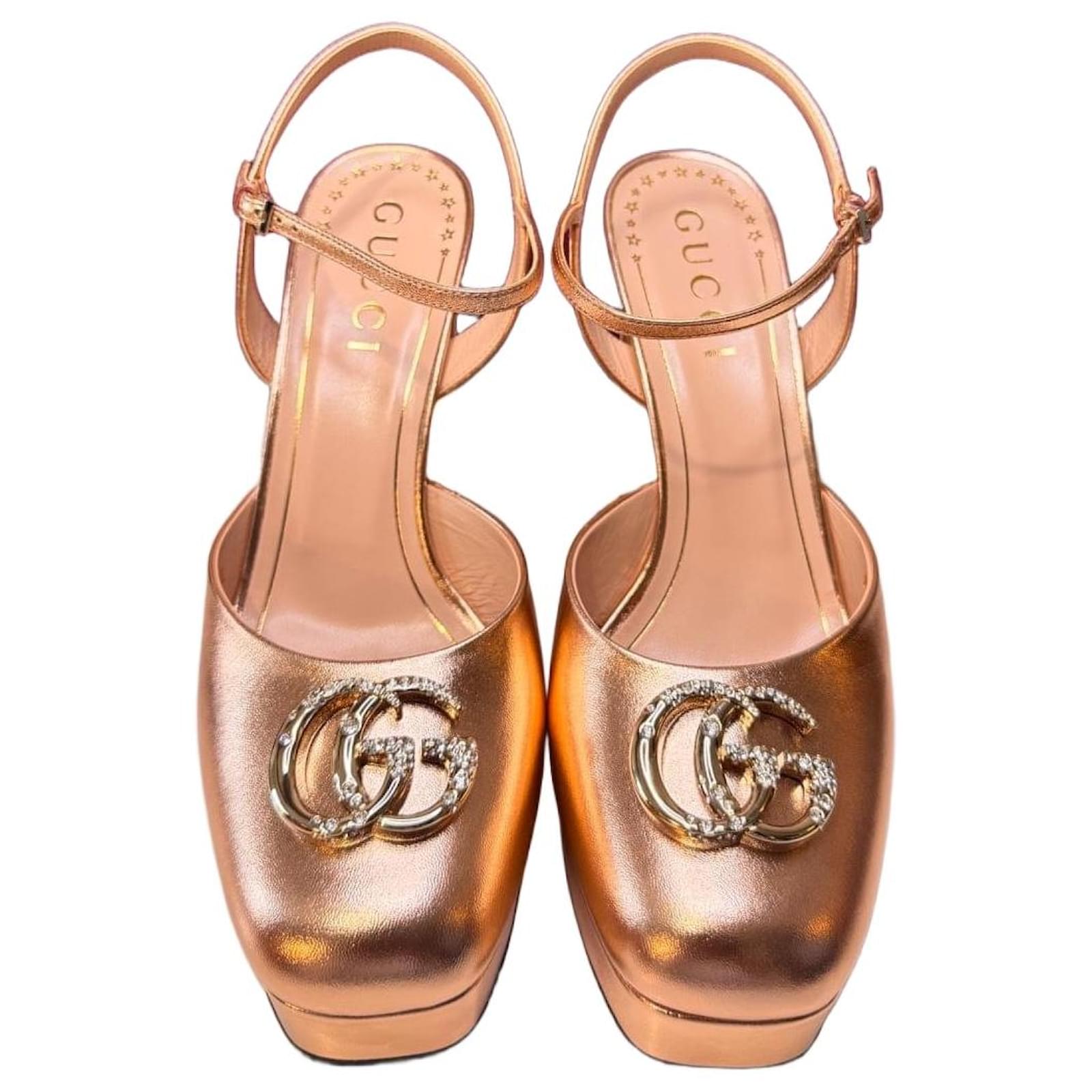 Gucci Rose Gold Leather Crystal GG Heeled Sandals Golden ref