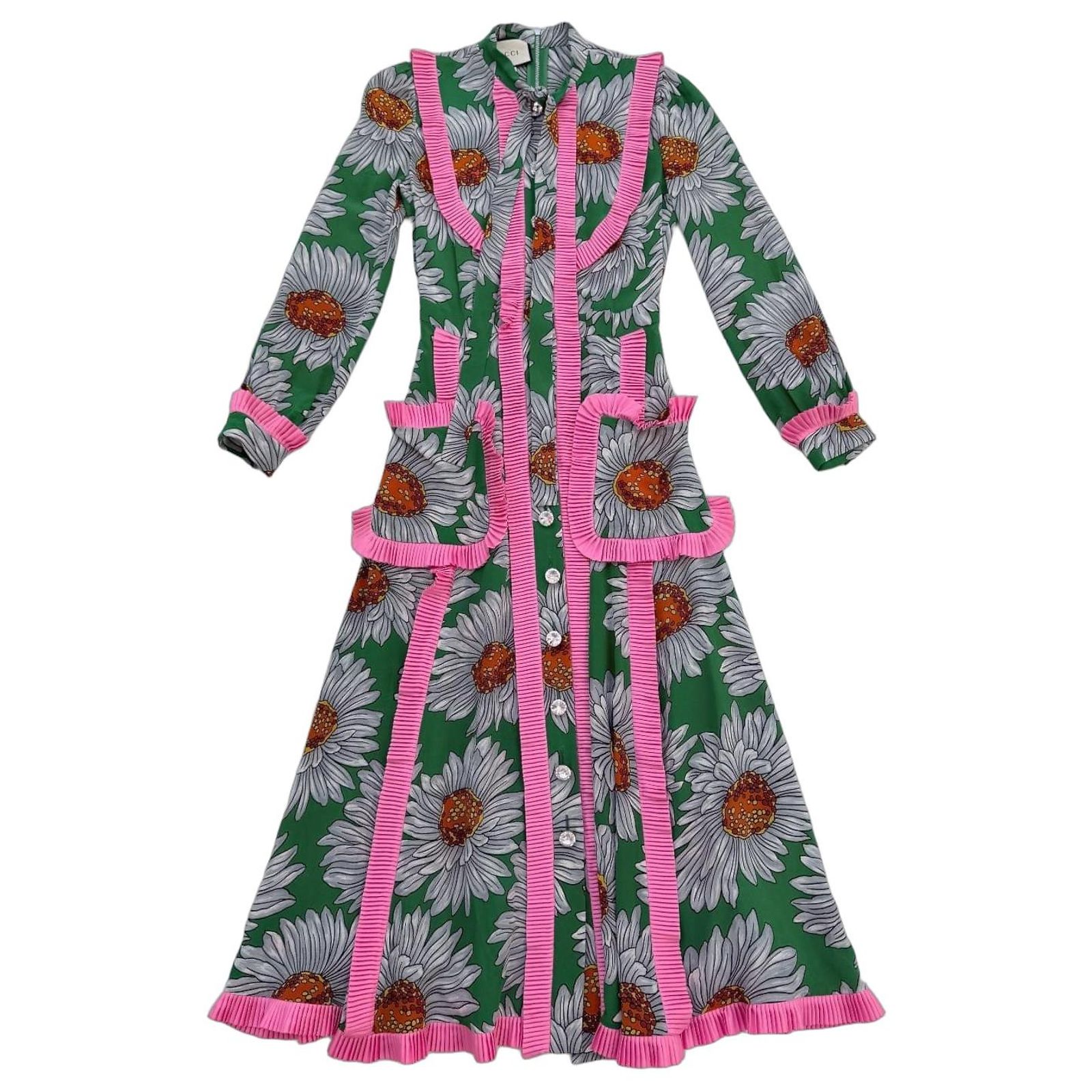pink and green gucci dress Alessandro Michele Spring 2017 Daisy Print Silk Midi White ref.3253697 size-2T