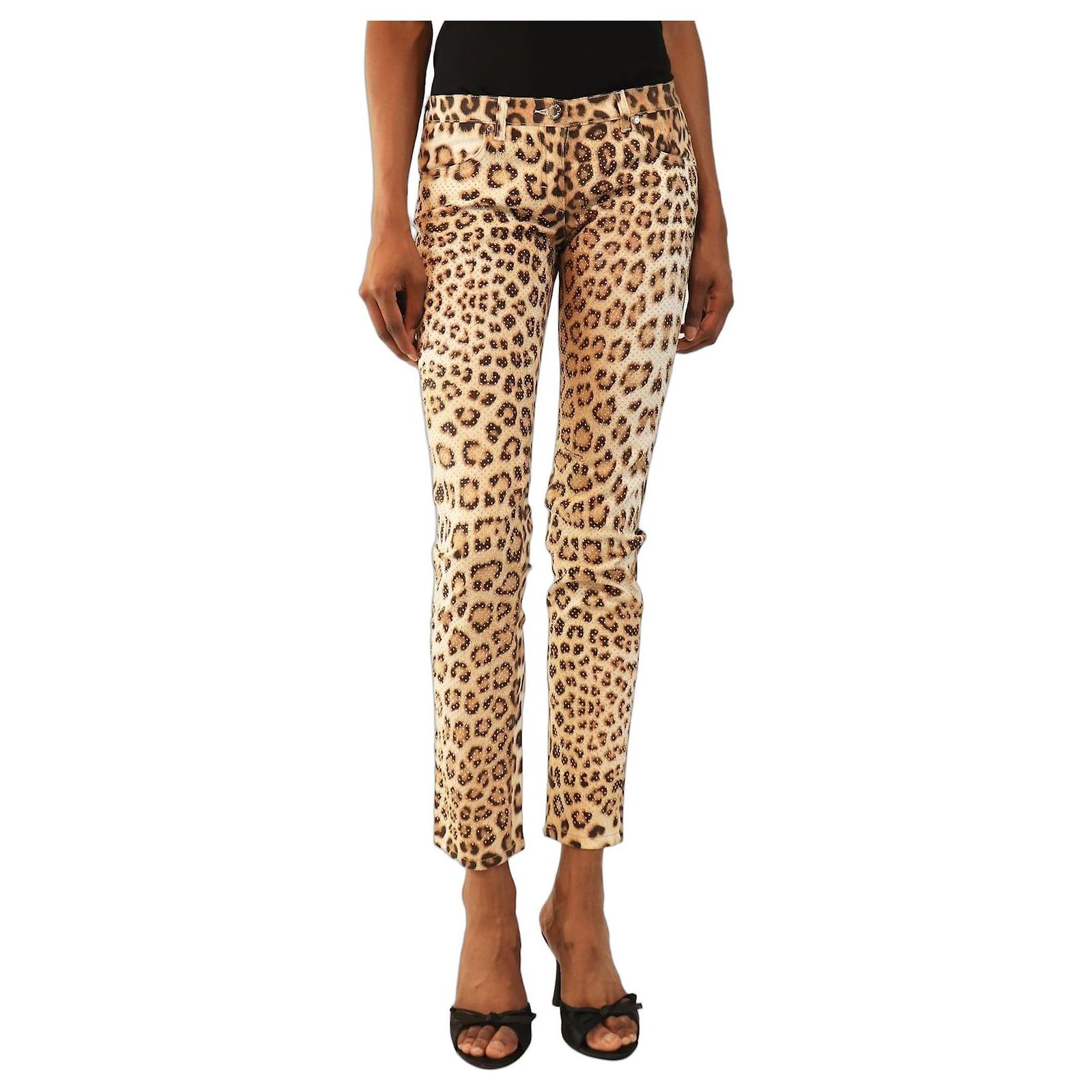 Roberto Cavalli Brown embellished leopard print pants - size S 